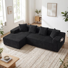 (Black) Modular Left L-Shaped Sectional Sofa 4 Seater Corduroy Corner Sofa Upholstere Boneless Couch
