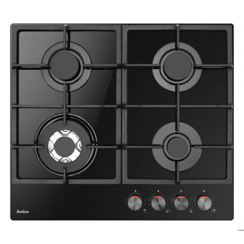 Amica Table de cuisson à gaz - AMICA - DP6413LZBG - Verre noir trempé - 4 brûleurs - Allumage électronique