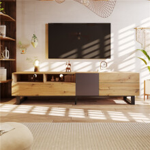 Modern Wood Grain TV Cabinet 180cm with 2 Drawers, Black and Wood Color Media Stand with Iron Feet