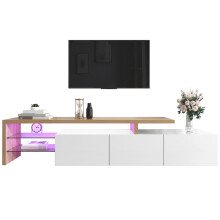 Modern TV Cabinet 192.5cm with Glass Shelves and LED Lighting, White Wood Tone Entertainment Center with Storage