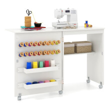Mesa de costura y manualidades plegable con almacenamiento, color blanco