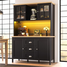 Tall Sideboard Storage Cabinet 120x40x179cm with LED Lighting, 4 Doors and 3 Drawers, White Black with Cable Management