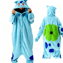 (Bulbasaur, XL) Halloween Fleece White Dragon Animal Onesie Pajamas, Cartoon Fruit Hooded Jumpsuit Cosplay Costume for Couples, Funny Homewear