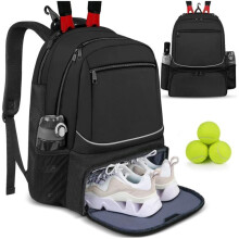 (Black, 32*23*45.5CM) Large Capacity Tennis Racket Bag Backpack with Shoe Compartment, Multi-Layer Sports Racquet Travel Carry Bag for Men Women