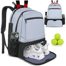 (Sky blue, 32*23*45.5CM) Large Capacity Tennis Racket Bag Backpack with Shoe Compartment, Multi-Layer Sports Racquet Travel Carry Bag for Men Women