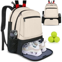 (Beige, 32*23*45.5CM) Large Capacity Tennis Racket Bag Backpack with Shoe Compartment, Multi-Layer Sports Racquet Travel Carry Bag for Men Women