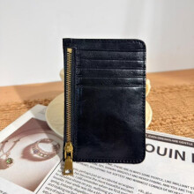 (Black) Genuine Leather Wallet for Women Vintage Slim Credit Card Holder with Zipper Coin Pocket, Multiple Card Slots, Portable Compact Design