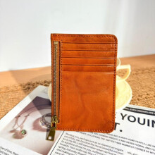 (Brown) Genuine Leather Wallet for Women Vintage Slim Credit Card Holder with Zipper Coin Pocket, Multiple Card Slots, Portable Compact Design