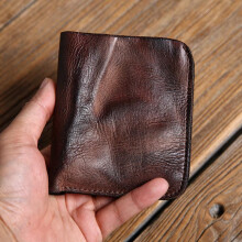 (coffee) Handmade Men's Short Vertical Wallet Vintage Minimalist Slim Leather Bifold Purse Business Card Holder