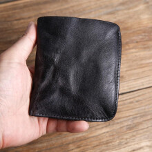 (black) Handmade Men's Short Vertical Wallet Vintage Minimalist Slim Leather Bifold Purse Business Card Holder