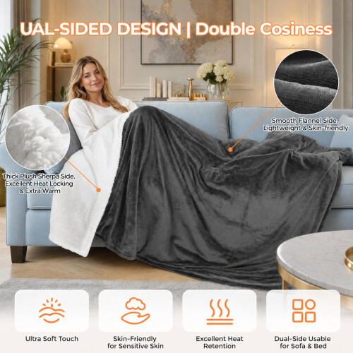 (Grey) 200x180cm Heated Blanket Electric Throw