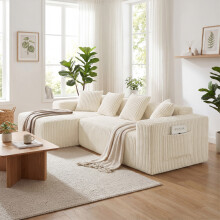 (Beige) Modular Left L-Shaped Sectional Sofa 4 Seater Corduroy Corner Sofa Upholstere Boneless Couch