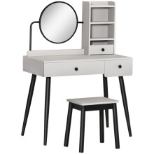 Dressing Table Set with Mirror and Stool, Vanity Makeup Desk with 3 Drawers and Open Shelves, Grey with Black Wooden Legs