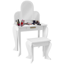 Kids Dressing Table Set with Mirror and Drawer, White Vanity Table and Stool with Rounded Edges for Girls