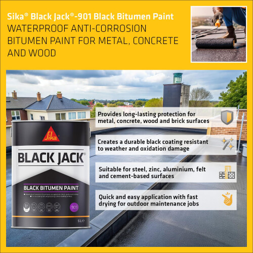 Sika Black Jack 901 Bitumen Paint, Solvent Based, Black, 5 Litre 2
