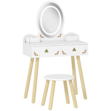 Kids Vanity Table and Chair Set with 3-Color LED Mirror and Storage Boxes, White Dressing Table Desk for 3 Plus Years