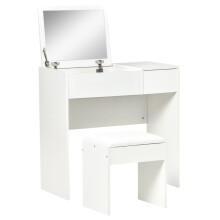 Makeup Desk with Drawer and Flip-up Mirror, White Vanity Table Set with Cushioned Stool, Modern Minimalist Dressing Table
