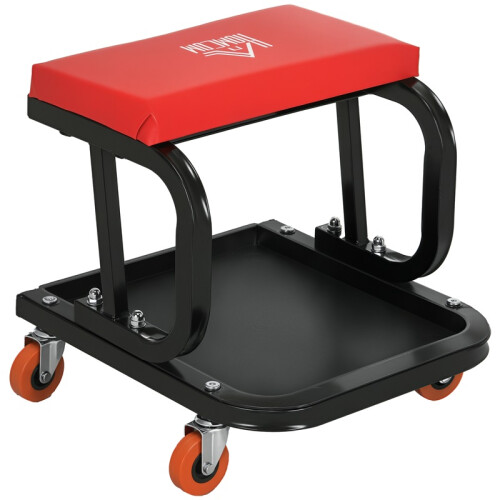 Workshop Stool, Rolling Machine Stool with 360 Swivel, Padded Seat, Tool Tray, Red