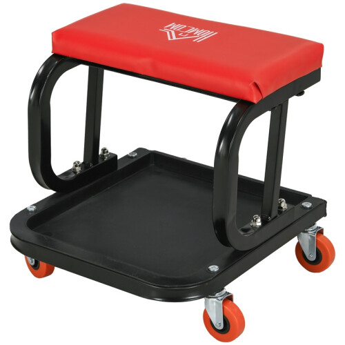 Workshop Stool, Rolling Machine Stool with 360 Swivel, Padded Seat, Tool Tray, Red 1
