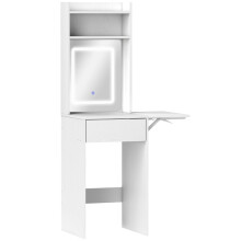 Compact Vanity Desk with LED Mirror and Drop Leaf, White Dressing Table with Open Shelves and Drawer for Small Spaces