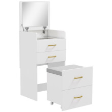 3 in 1 Dressing Table with Flip-top Mirror and Rolling Cushioned Stool, White Vanity Desk with Glass Tabletop and Drawers