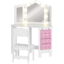 Kids Dressing Table and Stool Set with 2-Colour LED Mirror, White Girls Vanity with Tri-Folding Mirror