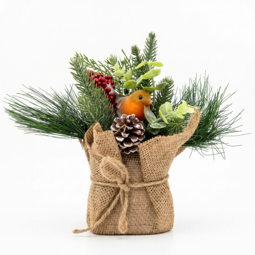 Homescapes Artificial Robin Arrangement in Burlap, 20cm