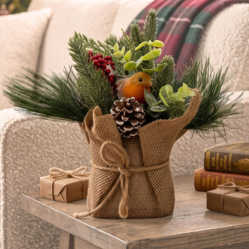 Homescapes Artificial Robin Arrangement in Burlap, 20cm 1