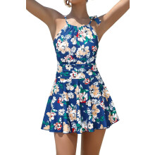 Einteiliger Badeanzug Halter Backless Gerafft Blau M — damen badeanzug einteilig, badekleid figurformend