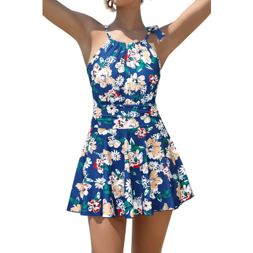 Einteiliger Badeanzug Halter Backless Gerafft Blau M — damen badeanzug einteilig, badekleid figurformend