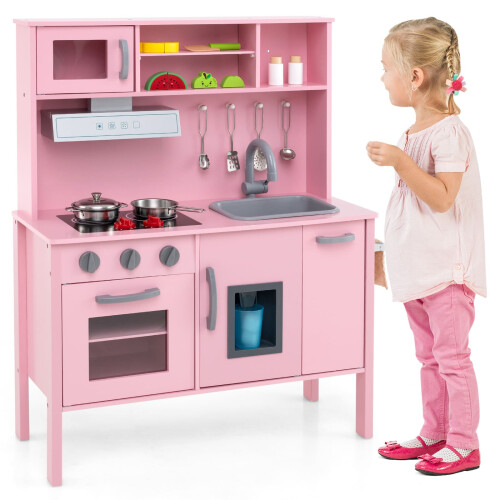 Costway Kids Kitchen Playset Wooden Pretend Play Kitchen-Pink