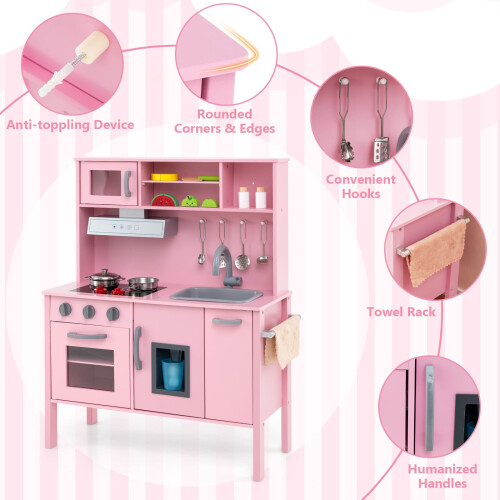 Costway Kids Kitchen Playset Wooden Pretend Play Kitchen-Pink 2