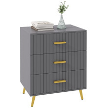 Three Drawer Embossed Line Dresser with Gold Handles, Grey and Gold Tone Storage Chest with Aluminium Legs