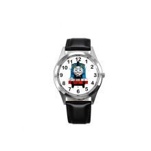 Watch Analogue Quartz with Real Leather Band Black Round for Thomas The Train Fans