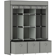 Portable Fabric Wardrobe with 5 Shelves, 2 Hanging Rails and 3 Drawers, Foldable Closet 125 x 43 x 162.5cm, Light Grey