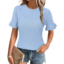 Damen-Strickbluse mit kurzen Ärmeln, Rundhalsausschnitt, Blau XL — damenpullover, strickbluse damen, pullover kurzarm