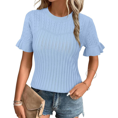 Damen-Strickbluse mit kurzen Ärmeln, Rundhalsausschnitt, Blau XL — damenpullover, strickbluse damen, pullover kurzarm