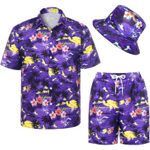 Herren Set Hawaiihemd Shorts Mütze Sommer Lila XL — herrenhemd hawaii, hawaiihemd herren kurzarm, tropenhemd herren