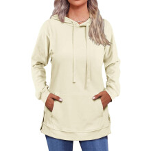 Damen Kapuzenpullover mit Tasche und Schlitzen, bequem, weich, Beige XXL — damen kapuzenpullover, damenpullover beige