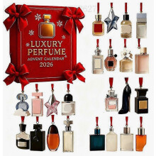 Adventskalender 2026 met rode parfumfles, 24-daagse acryl kerstcountdown-ornament