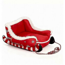 Cama para mascotas con forma de trineo navideño de reno, borde elevado, relleno grueso, cojín navideño para perros