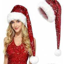 Christmas Holiday Party Cosplay Headwear Sparkly Sequin Pointed Santa Hat with Fluffy for Women