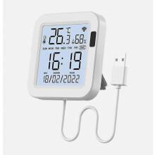 Tuya Smart WiFi temperatuur- en vochtigheidssensor met USB-voeding, verlicht display, Smart Life-app en slimme luchtthermostaat.