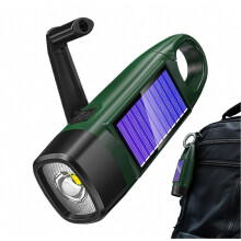 Lampe torche solaire rechargeable USB avec poignée ergonomique et manivelle, idéale pour la maison, la randonnée et le camping.