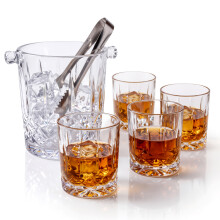 GEEZY Set of 4 Whiskey Drinking Glasses with Ice Bucket 340ml Tumblers Gin Vodka Rum