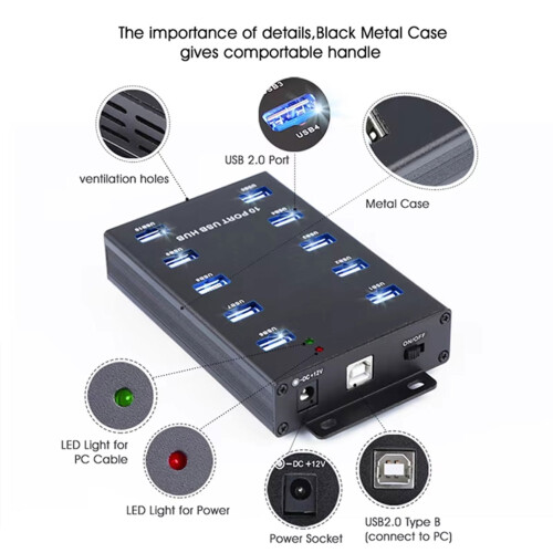 10  Industrial USB HUB with Power Adapter Syncs Data Transfer A-300 for Bitcoin Miner Cryptocurrency Mining EU-PLUG 2