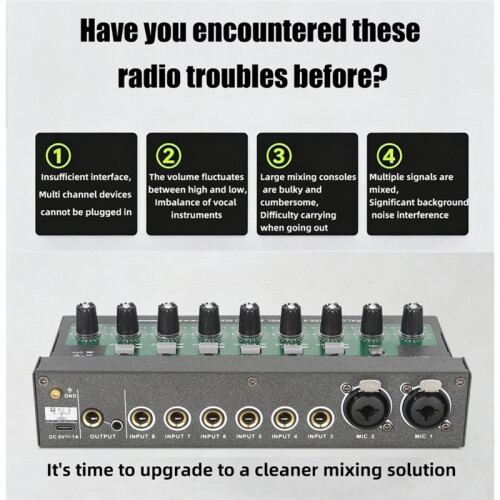 8-Channel Audio Mixer with 48V Phantom Power Supply Rechargeable Mix Expander Sound Processor 6.5 Microphone Effects