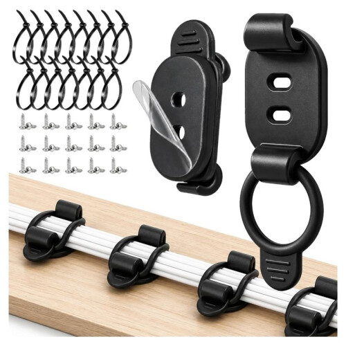 15 Set Cable Management Clips, Adjustable Cord Holder Organizer Self Adhesive Cable Clips with Elastic Loop & Zip Ties