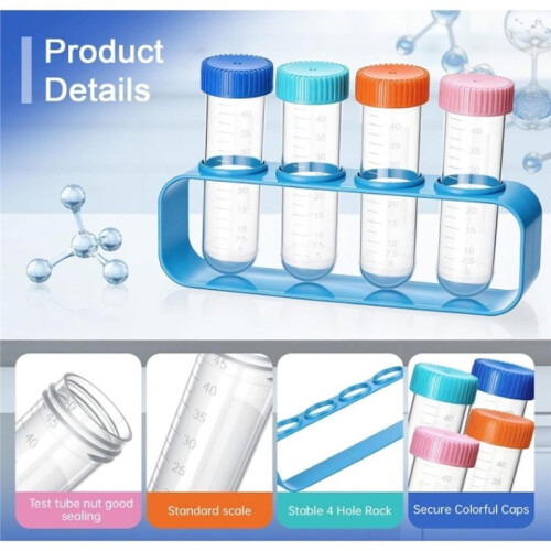 3 Set Test Tubes with Stand Science Kit 50 Ml Reusable Plastic Lab Tubes, with 4 Rack Holder for Science Experiments 2