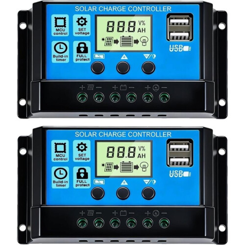 2 Pack 30A PWM Solar Charge Controller, 12V/24V Auto-Regulating, Solar Panel Battery Charger, Dual USB ,LCD Display